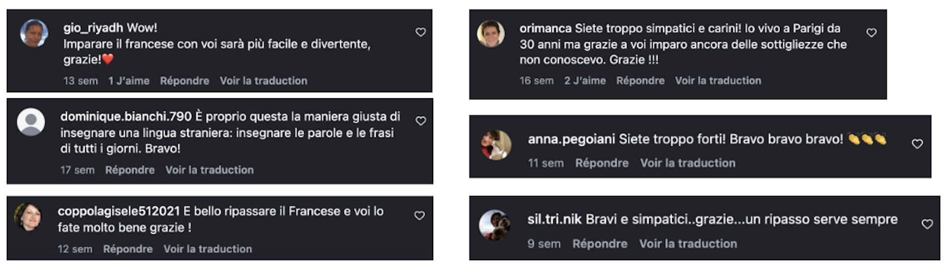 Commenti originali della community Instagram sulle lezioni di Francesca e Maël